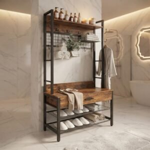 Hall Tree with Bench and Shoe Storage — Entryway Organizer with 12 Hooks