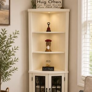 Curved Corner Storage Cabinet — Tall 5-Tier Corner Cabinet with Glass Doors