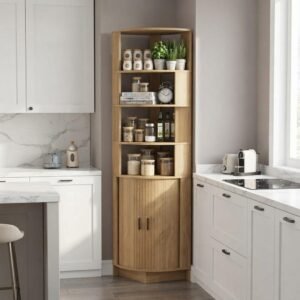 Corner Shelf with Storage Cabinet — 5-Tier Corner Bookshelf with Doors