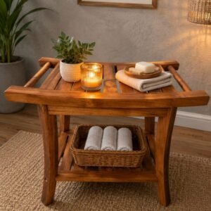 Teak Shower Bench with Storage Shelf — Waterproof Spa Bath Bench